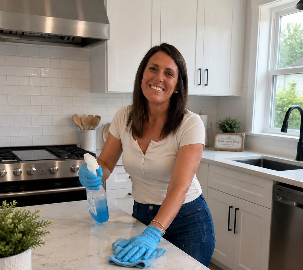 Melissa, owner of Spotless Cleaning, smiling as she cleans a kitchen counter with a spray bottle and cloth